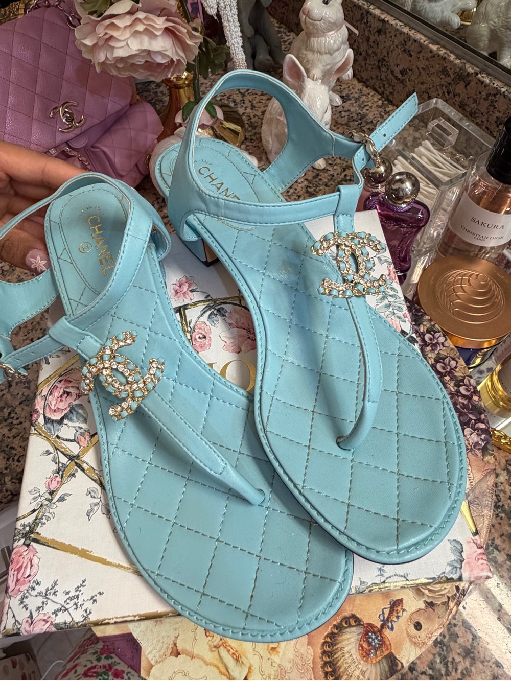 CHANEL Light Blue Quilted Leather T-Strap Sandals with Crystal CC